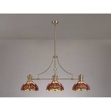 Sorry, this fixture is not designed to have added glass shades. Dusk Collection Fremington Loddiswell 3 Light Linear Pendant E27 With 30cm Tiffany Shade Antique Brass Purple Pink Crystal Fitting Style From Dusk Lighting Uk