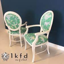 Create an inviting atmosphere with new living room chairs. Just Finished This Pair Of Adorable Chairs Fun Green White And Blue Thibaut Fabric And Gloss White Lacquer Call 919 694 1533 Or Thibaut Fabric Chair Thibaut