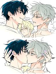 ivan (alien stage), luka (alien stage), till (alien stage), alien stage,  highres, ..., 3boys, anger vein, black eyes, blank speech bubble, blonde  hair, choker, clenched teeth, colored extremities, colored eyelashes,  earrings, fang, fudanshi, green eyes, grey