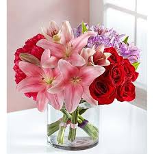Romantic Valentine S Gift For Bouquets Of Red Roses Pink Lilies Hot Pink Carnations And Purple Alst Small Flower Pots Valentines Flowers Order Flowers Online