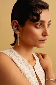 White Finish Grey Swarovski Dangler Earrings by ESME at Pernia's Pop Up  Shop 2024