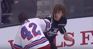 I'm putting my money on dark horse derek forbort, who seems just weird enough to be able to be goaded into growing his hair out. Adrian Kempe Shows Flash By Fixing Hair During Fight The Hockey Beast