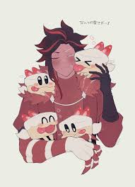 mochinoki, cream cake hound, red velvet cookie, cookie run, cookie run:  kingdom, highres, 1boy, black gloves, blush, brown hair, cake hound,  colored eyelashes, colored skin, elbow gloves, food-themed creature, fur  collar, gloves,