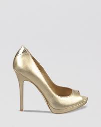 Rose gold patent leatherette peep toe heels. Gold Open Toe Pumps Aa62d3