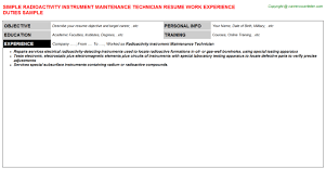 Radioactivity Instrument Maintenance Technician Resume Sample