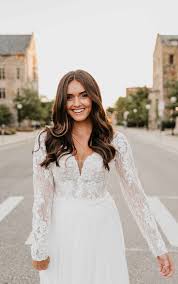 Long sleeve wedding gown with illusion back. Modern Mixed Fabric Wedding Dress With Lace And Long Sleeves Stella York Wedding Dresses