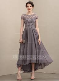 A Line Scoop Neck Asymmetrical Chiffon Lace Mother Of The Bride Dress With Beading Sequins 008197133