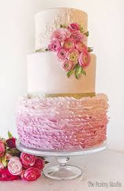 Soft Ombre Pink Ruffled Wedding Cake With Petite Roses By The Pastry Studio Pink Wedding Cake Geometric Wedding Cakes Lace Wedding Cake