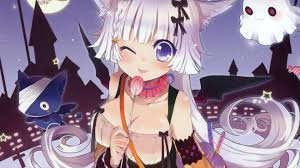 Wallpaper ID: 141642 / anime, anime girls, white hair, neko ears, cat ears,  boobs, ghosts, Halloween, candy free download