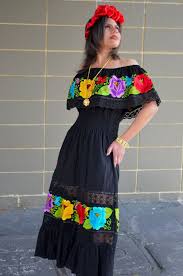 Multicolor Embroidered Off Shoulders Mexican Dress Black Lace Crochet Handmade Blouse Ca Traditional Mexican Dress Mexican Dresses Mexican Embroidered Dress