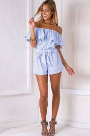 Black And White Striped Romper Off The Shoulder Light Blue Off Shoulder Stripe Pattern Chic Romper Chic Romper Off Shoulder Romper Light Blue Romper