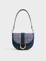 Túi đeo vai nữ phom nửa hình tròn Gabine Tweed Saddle navy - CHARLES &  KEITH VN