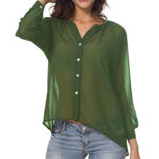 Women Casual Plus Size Button Down Shirt See Through Tops Chiffon Blouse