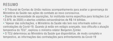 Não há dados disponíveis para o período selecionado. Tcu Determina Que Ministerio Da Saude Informe Tempestivamente Sobre Contratacoes De Enfretamento A Covid 19 Portal Tcu