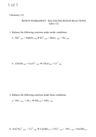 Vocabulary electrochemical cell (voltaic cell, galvanic cell, battery) electrode anode redox reaction cathode redox couple standard cell potential (eocell). Solved 1 Of 1 Chemistry 121 Redox Worksheet Balancing Re Chegg Com