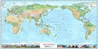 Return this item for free. World Physical Map With Wonders Pacific Centered Light Oceans The Map Shop