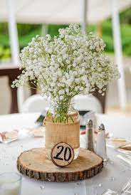 Baby S Breath Mason Jar Centerpieces With Fresh Baby S Breath And Burlap Accent R Wedding Floral Centerpieces Flower Centerpieces Wedding Wedding Centerpieces
