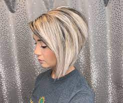 Stacked Angled Bob With Platinum Blonde Highlights Platinum Blonde Highlights Angled Bob Hairstyles Long Angled Bob Hairstyles