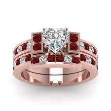 Channel Set Diamond Heart Wedding Ring Set With Ruby In 18k Rose Gold Heart Wedding Rings Sets Heart Wedding Rings Wedding Ring Sets