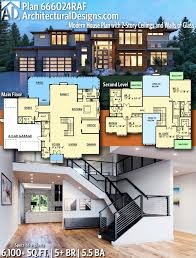 This modern house plan has 3 bedrooms, 2 bathrooms, and a 1 car front entry garage. Plan 666024raf Modern House Plan With 2 Story Ceilings And Walls Of Glass Architectural Design House Plans Contemporary House Plans Modern House Plan