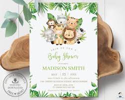 Baby shower invitations free downloadable templates. Cute Greenery Jungle Animals Safari Baby Shower Invitation Editable The Happy Cat Studio