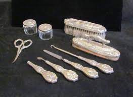 Sterling Silver Victorian Dresser Vanity 9 Piece Set 1800s German Grooming Set Nail Care Brush Jars Scissors Silver Vanity Set Silver Vanity Antique Vanity Set