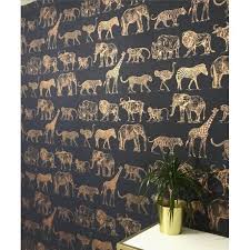Boutique Safari Animals Midnight Blue Rose Gold Wallpaper 104893 Rose Gold Wallpaper Funky Wallpaper Bathroom Wallpaper Trends