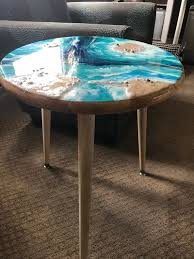 Resin Pour Painted Table Top With Natural Wood Legs Embellished With Shells And Real Sand Resin Furniture Painting Wood Furniture Resin Table Top