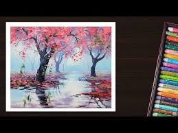 How To Draw Spring Season Landscape Drawing Step By Step With Oil Pastel Cherry Blossom Tree Draw Youtube Oil Pastel Landscape Oil Pastel Art Tree Drawing