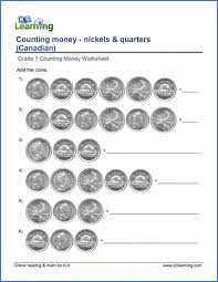 Grade 1 money worksheets matching coins to their names matching coins to their values counting u.s. Grade 1 Counting Money Worksheets Nickels And Quarters Canadian K5 Learning
