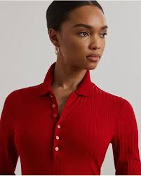 Ralph Lauren Rib-Knit Three-Quarter-Sleeve Polo Shirt in Red