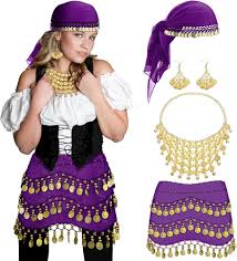 Amazon.com: 4 Pcs Halloween Pirate Costume Set Women Gypsy Accessories  Belly Dance Head Scarf Earring Necklace Hip Scarf Arabian Nights Costume  (Dark Purple) : Clothing, Shoes & Jewelry