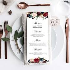 Menu Card, Wedding Menu, Birthday Menu Printable, Floral Ivory Menu Cards,  Burgundy and Navy, W384