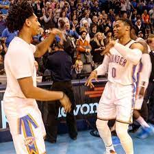 Russell westbrook was pure awesome entertainment from the minute he stepped onto the court on sunday. Cameron Payne Westbrook Doing Their Dance Before The Games Love It Okc Thunder Basketball Oklahoma City Thunder Russell Westbrook Dance