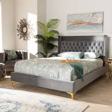 Baxton BBT6740-Dark Grey-King Valery King Platform Bed in Tufted Dark Gray  Velvet & Gold