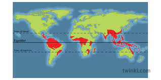 Tropical rainforests are located between 10°n and 10°s of the equator where temperatures stay near 28°c throughout the year. Map Tropical Rainforest Ecosystem Location Ks4 Ilustracao Twinkl