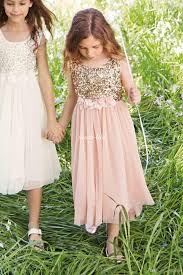 2015 Blush Flower Girls Dresses Gold Sequins Hand Made Flower Sash Tea Length Tulle Blush Flower Girl Dresses Pink Flower Girl Dresses Sequin Flower Girl Dress