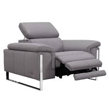 A Gray Modern Recliner With Chrome Legs Sophie Gray Power Recliner And Headrest Weekends Only Furniture And Mattr Recliner Power Recliners Modern Recliner