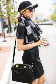 Look 1 Vegan Leather Dress Black And Grey Plaid Scarf Also Loving This Plaid One Two Tone Baseball Ha Outfits With Hats Cap Outfit Faux Leather Dress