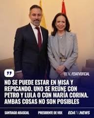 🇪🇸 | #AHORA Santiago Abascal critica a Sánchez durante la visita de María Corina Machado: "No se puede estar en misa y repicando. Uno se reúne con Petro y Lula o con