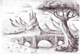 Black And White Pencil Drawings Of Nature Stone Bridge Castle Mountains Trees How To Draw People Nature Landscape In 2020 Pencil Drawings Of Nature Pencil Drawings Nature Sketches Pencil