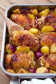 Baked Garlic Chicken And Potatoes Recipe Chicken Thights Recipes Baked Garlic Chicken Chicken Recipes