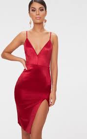 Dark Red Satin Extreme Split Plunge Midi Dress Plunge Midi Dress Red Satin Dress Midi Dress Bodycon