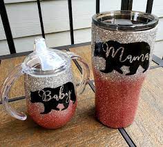 Mama Bear Tumbler And Baby Bear Sippy Cup Rosegold And Silver Tumbler Cups Diy Custom Tumbler Cups Glitter Tumbler Cups