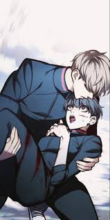 lee subin, seo jiwoo (eleceed), eleceed, highres, 1boy, 1girl, black eyes,  black hair, black pants, black sweater, closed eyes, closed mouth, hug,  looking at another, open mouth, pants, short hair, surprised, sweater -