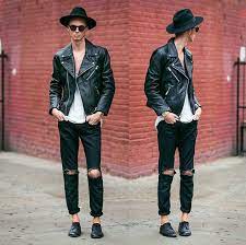 Masamod Fedora Hat H M Leather Biker Jacket Ripped Jeans Diy Derby Shoes Casio Gold Retro Wa Leather Jacket Street Style Outfits With Hats Hat Outfit Men