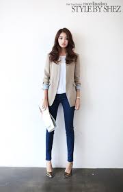 Women S Beige Blazer White Sleeveless Top Navy Skinny Jeans Brown Leather Work Fashion Korean Fashion Fashion