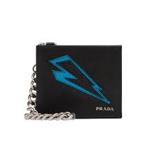 Chain Wallet Prada Saffiano Black Leather Wallet With Lightning Bolt Applique And Two Bill Compartments And Eight Wallet Black Leather Wallet Wallet Chain