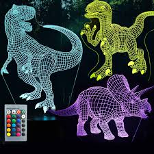 3d Dinosaur Night Light 3d Illusion Lamp Three Pattern And 7 Color Change Decor Lamp With Remote Control For Living Bed Room Bar Best Gift Toys For Boys Girls Three Dinosaurs