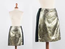 90s Gold Skirt Philosophy Alberta Ferretti Vintage Mini Skirt Brocade Motif Black Sides Size M Made In Italy Medium Paisley Lurex